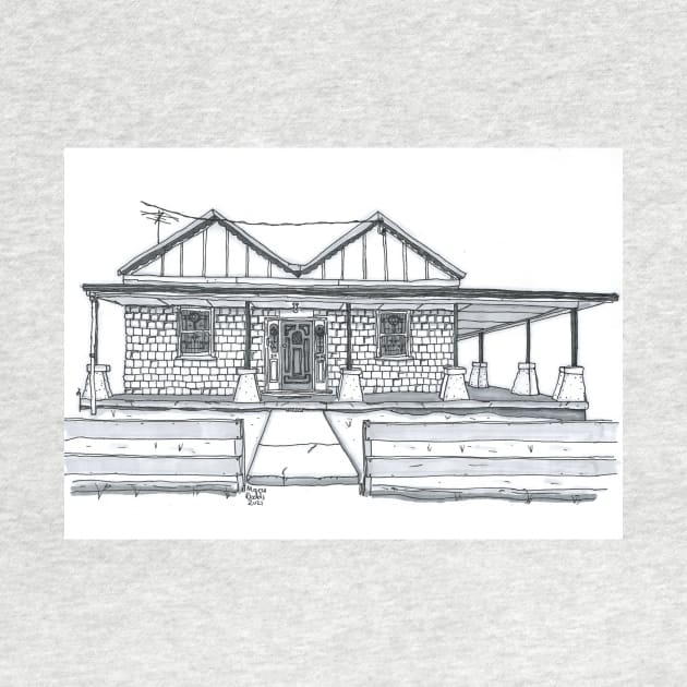 Australian Brick Homestead Old House Pen & Ink Greyscale Black & White Drawing. by NutsnGum